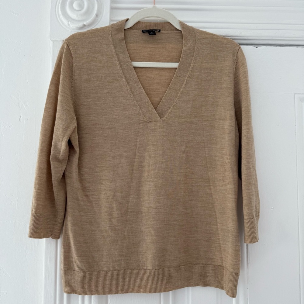 Lafayette 148 New York Tan Wool V-Neck Sweater